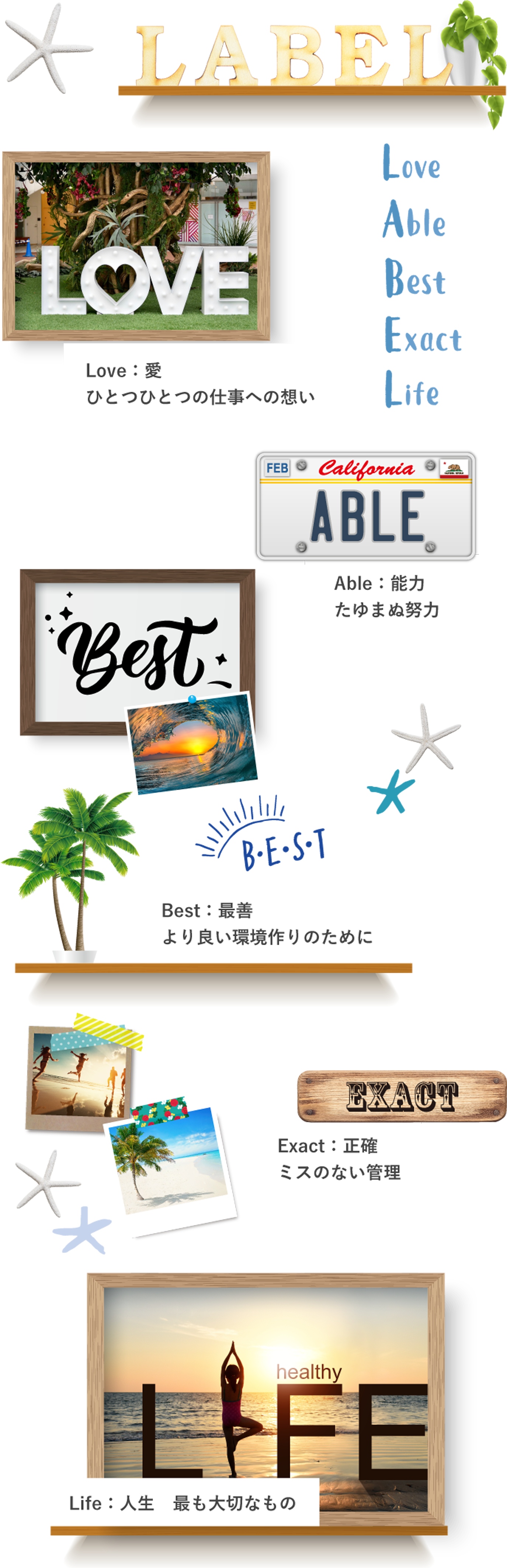 Love:愛 1つ1つの仕事を果たす責任 Able:能力 1つ1つの仕事を果たす責任 Best:最善 より良い環境作りのために Exact:正確 ミスのない管理 Life:人生 最も大切なもの
